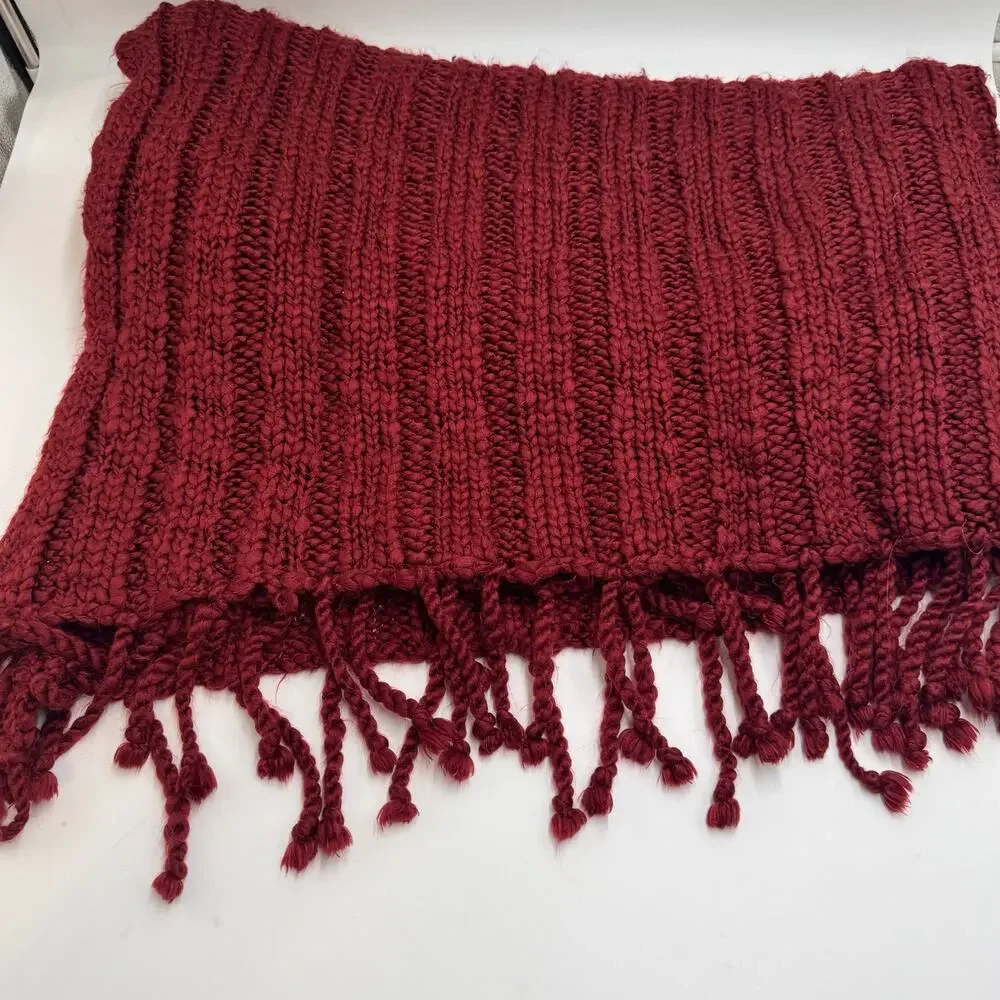 Pier 1 Imports Burgundy Knit Throw Blanket Fringe Soft Cozy Home Decor 54x59